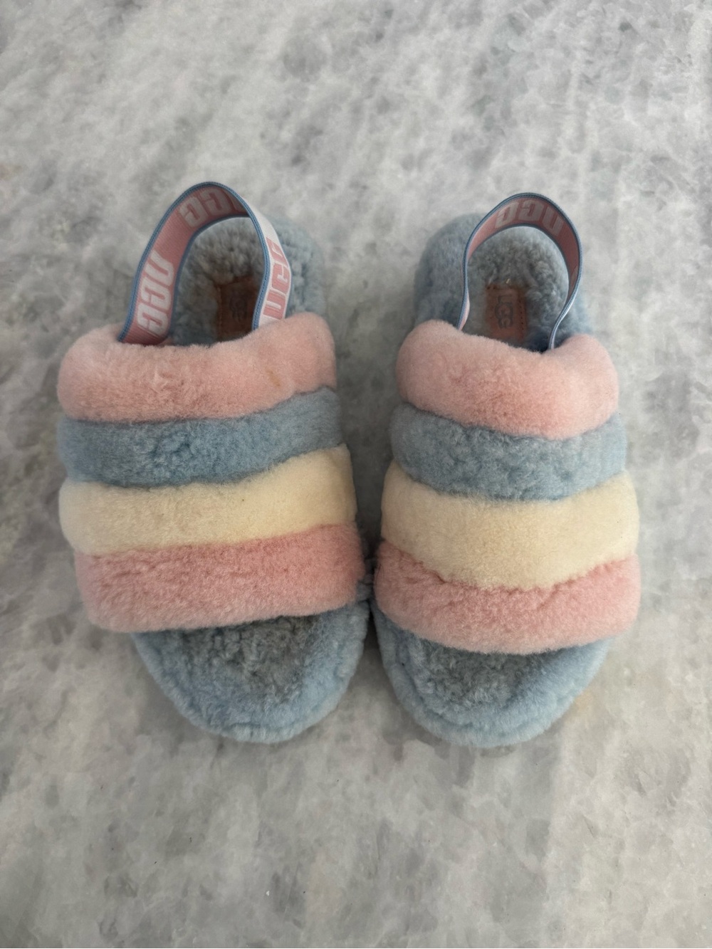 UGG Women's Fluff Yeah Cali Rainbow Shearling Slides in Pastel Pink, Blue, Cream